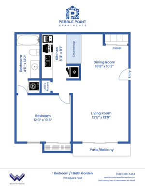 One Bedroom Garden Floorplan at 710 Square Feet - Partial Upgrade