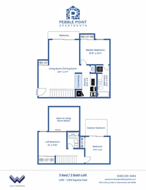 Three Bedroom Loft Floorplan at 1,100-1,150 Square Feet - Remodel