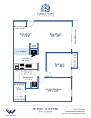Two Bedroom Garden Floorplan at 840 Square Feet - Remodel