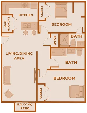 Upgraded 2 bedroom, 2 bathroom apartment floor plan at Huntley Ridge in Springfield, MO, featuring modern finishes, a spacious living/dining area, private balcony or patio, kitchen with bar seating, and washer/dryer hookups. Each bedroom includes ample closet space and easy access to a full bathroom. Designed for style, comfort, and functionality in a pet-friendly community.