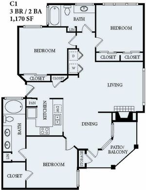 3 Bedroom 2 Bath  / 1,170 SF