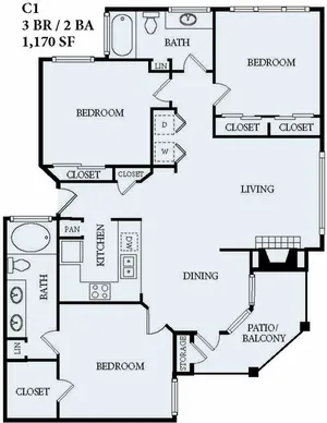 3 Bedroom 2 Bath  / 1,170 SF