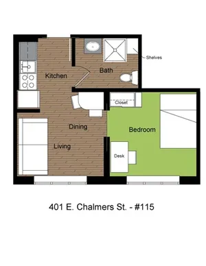 401 Chalmers 1 Bed Standard Floorplan