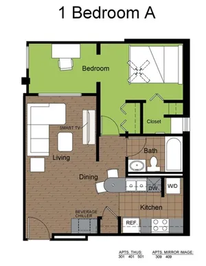 707 Sixth 1 Bed Floorplan A