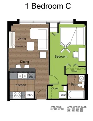 707 Sixth 1 Bed Floorplan C