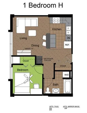 707 Sixth 1 Bed Floorplan H