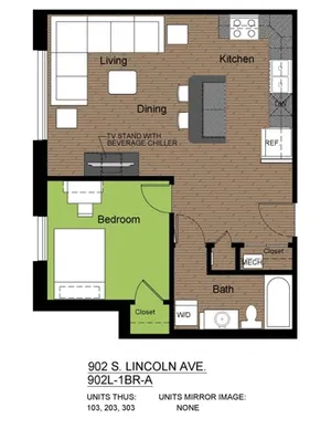 902 Lincoln 1 Bed Floorplan A