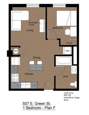 507 Green 1 Bedroom Floorplan F