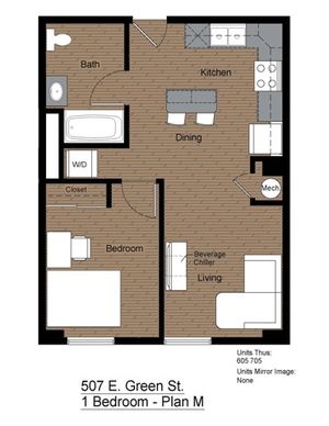 507 Green 1 Bedroom Floorplan M