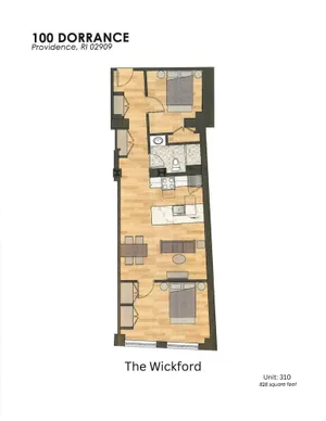 The Wickford floor plan at 100 Dorrance in Providence, RI, featuring 2 bedrooms, modern kitchen, and open living area, 828 square feet.