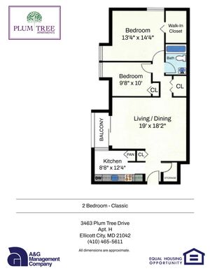 Inviting floor plan of a 2-bedroom classic apartment at Plum Tree Apartments, featuring a spacious living/dining area, modern kitchen, and a private balcony. Includes a walk-in closet and additional storage for convenience.