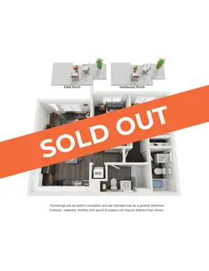 Charming floor plan showcasing a cozy layout with a welcoming porch area, modern kitchen, and convenient laundry room. SOLD OUT status highlights its desirability.