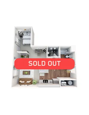 Charming 3D floor plan displaying a cozy one-bedroom apartment with an open-concept living and dining area, modern kitchen, and a compact bathroom, highlighted with \'Sold Out\' text.