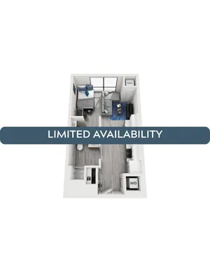 Modern 3D floor plan of a cozy one-bedroom apartment with stylish living area, compact kitchen, and efficient layout. Limited availability.