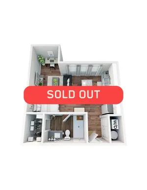 Modern 3D floor plan highlighting a compact yet stylish apartment with a cozy living area, one bedroom, one bathroom, and a well-equipped kitchen, recently sold out.