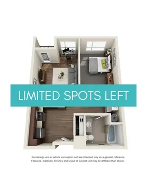 Modern 3D floor plan featuring 1 bedroom apartment with cozy living room, stylish kitchen, and elegant bathroom.