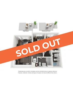 Vibrant 3D floor plan displaying modern 2-bedroom apartment with spacious porches, contemporary kitchen, and elegant living areas, now sold out.