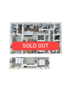 Modern apartment floor plan featuring four spacious bedrooms, a stylish open kitchen, and contemporary living areas.