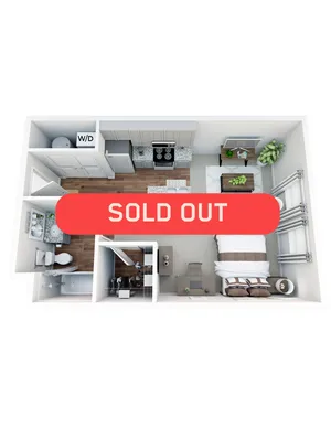 Chic 3D apartment layout displaying a contemporary 1-bedroom, open-plan kitchen and living area, full bathroom, and laundry space. Now sold out.