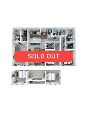 Modern 3D floor plan with stylish 3-bedroom layout, featuring an expansive kitchen and vibrant living spaces, marked as sold out.