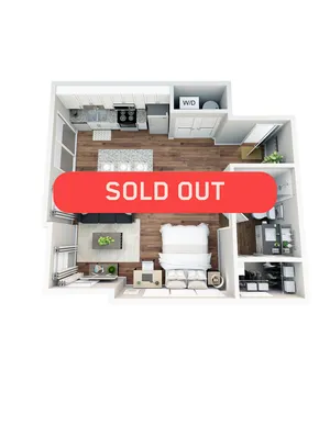 Chic one-bedroom apartment floor plan featuring an open-concept living area, modern kitchen, and cozy bathroom, marked as sold out.