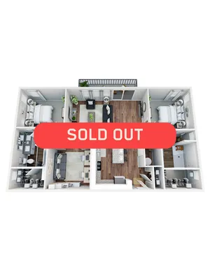 Modern 3D floor plan showcasing a stylish open-concept living area, spacious kitchen, three cozy bedrooms, and two bathrooms, with a balcony view, marked \'Sold Out\'.
