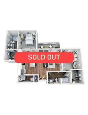 Modern 3D floor plan showcasing 2 bedrooms, elegant living area, sleek kitchen, and outdoor balcony space; marked as sold out.