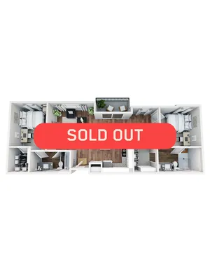 Modern 3D floor plan showcasing a sold-out spacious apartment with two bedrooms, stylish living area, and elegant balcony.