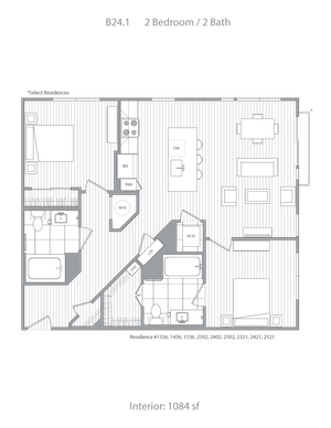Chic B24.1 floor plan featuring 2 bedrooms and 2 bathrooms, expansive living area, and modern kitchen, spanning 1084 sq ft.