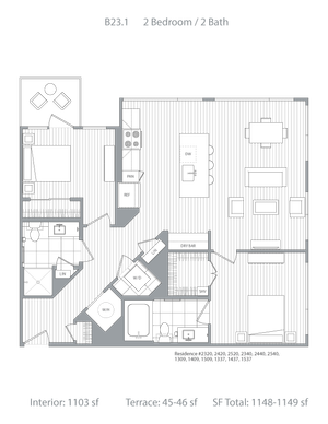 Contemporary floor plan showcasing 2 bedrooms, 2 bathrooms, a modern kitchen, and a spacious living area with a dry bar. Includes a terrace, ideal for relaxing, with a total area of 1148-1149 sq ft.