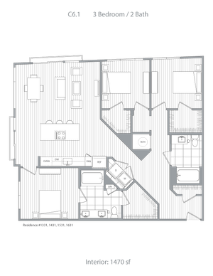 Spacious floor plan showcasing 3 bedrooms, 2 modern bathrooms, a sleek open kitchen, and a generous living area. Interior: 1470 sq ft.