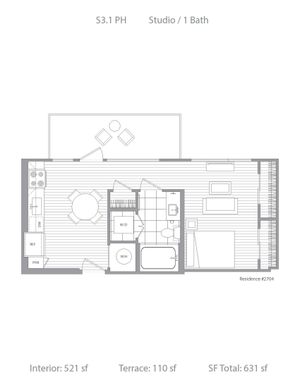 Contemporary studio floor plan featuring open living space, 1 bath, and a private terrace, totaling 631 sq ft.