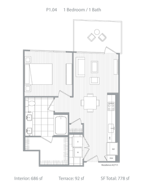 Chic 1 bedroom, 1 bath floor plan with an open-concept layout, spacious kitchen, and a cozy terrace, totaling 778 sf.