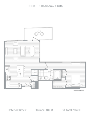 Modern floor plan showcasing 1 bedroom and 1 bathroom with an open-concept living and dining area, sleek kitchen, and private terrace. Total area of 974 sq ft including interior space of 865 sq ft and terrace of 109 sq ft.