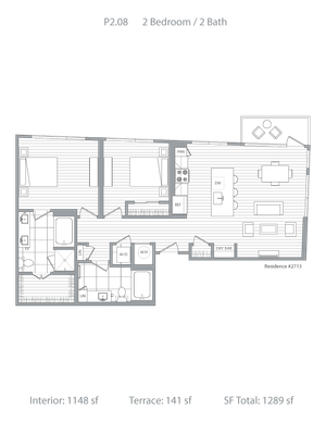 Chic 2-bedroom, 2-bath floor plan featuring a spacious open living area, modern kitchen with dry bar, and a private terrace in 1289 sf.