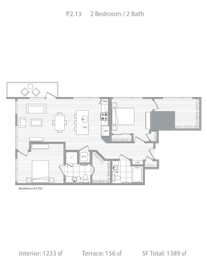 Modern floor plan featuring 2 bedrooms and 2 bathrooms, open-concept living and dining area, spacious kitchen, and private terrace. Total area 1389 sf.