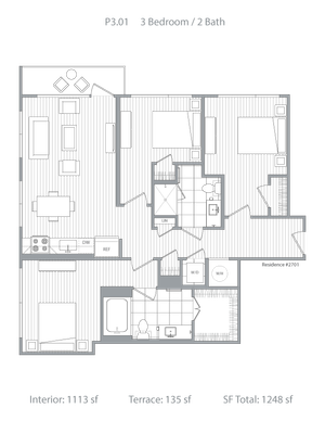 Elegant 3-bedroom, 2-bathroom floor plan with an open-concept living space, modern kitchen, and a cozy terrace, totaling 1248 sq ft.
