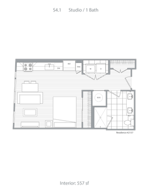 Chic studio layout featuring an open living space, modern kitchen, and well-appointed bathroom, encompassing 557 sq ft.