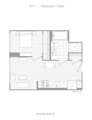 Modern 1 bedroom, 1 bath floor plan featuring an open-concept living area, efficient kitchen, and cozy layout, ideal for urban living in 474 sq ft.