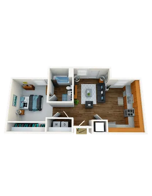 Charming 3D floor plan showcasing a cozy 1 bedroom apartment with an inviting open living area, modern kitchen, and stylish bathroom layout.