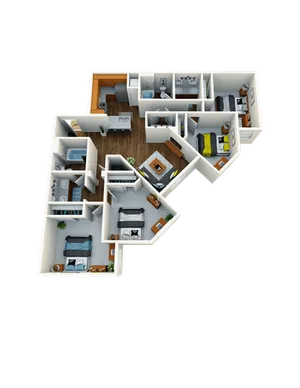 Modern 3D floor plan showcasing 3 bedrooms, elegant open living area, and a sleek kitchen with hardwood floors.