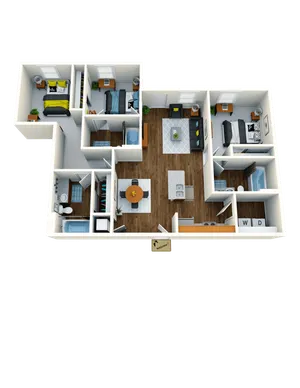 Contemporary 3D floor plan highlighting 3 cozy bedrooms, a sleek open-concept kitchen, and a welcoming living area.