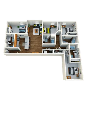 Modern 3D floor plan showcasing 3 bedrooms, a chic open living area, and a sleek kitchen, perfect for stylish urban living.