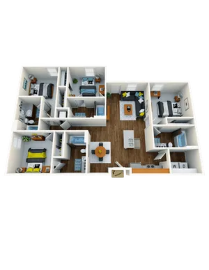 Inviting 3D floor plan showcasing 3 bedrooms, cozy open-concept living and dining areas, modern kitchen, and two stylish bathrooms.