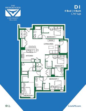 Spacious D1 floor plan in University Village featuring 4 bedrooms, 4 baths, open living area, and modern kitchen, 1,747 sqft.