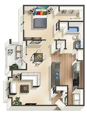 Modern 2D floor plan featuring a spacious bedroom, open-concept living and dining area, sleek kitchen, and stylish bathroom.