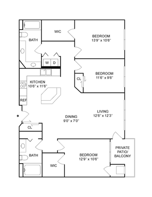 3 BR x 2 BA - A | 3-Bedroom Floorplan