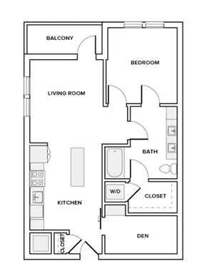 897 square foot one bedroom one bath with den apartment floor plan in Houston, TX