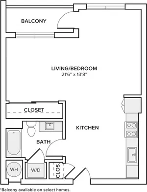 528 square foot one bedroom one bath apartment floorplan image