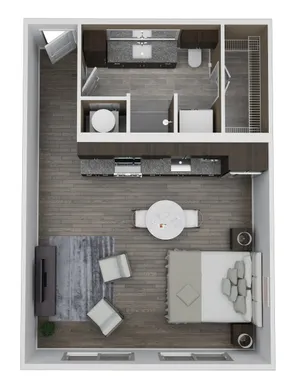 Modern studio apartment floor plan featuring an open-concept layout with a cozy sleeping area, stylish living space, compact kitchen, and well-appointed bathroom, totaling 580 sq. ft.